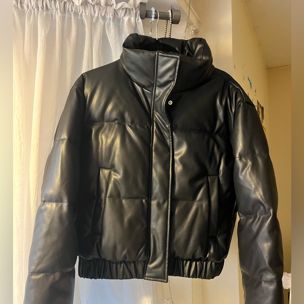 Abercrombie Black Leather Cropped Puffer Jacket